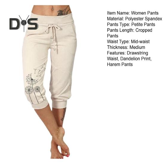 Kvinner Cropped Bukser Snøring Midje Sommer Harem Bukser Løvetanntrykk Uformelle sporty bukser med lomme for kvinner