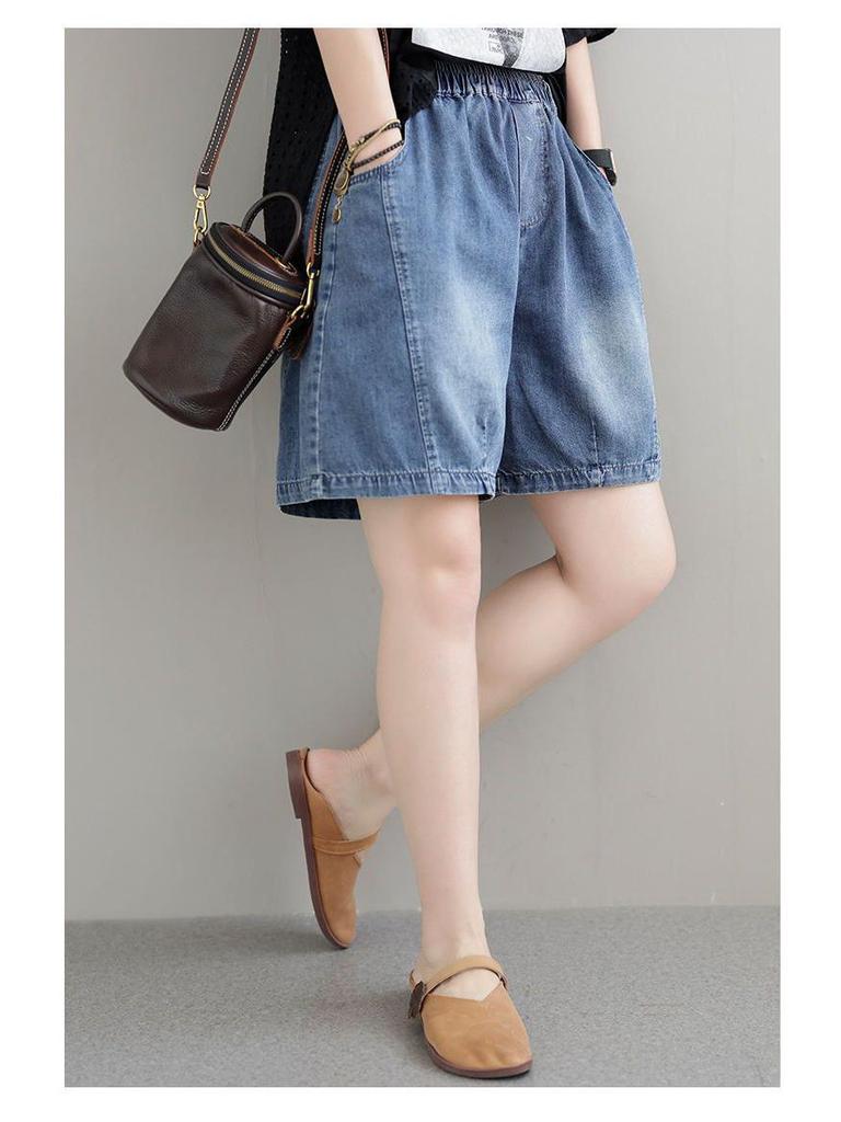 Korean Retro Style Women's Loose Patchwork Denim Harem Shorts