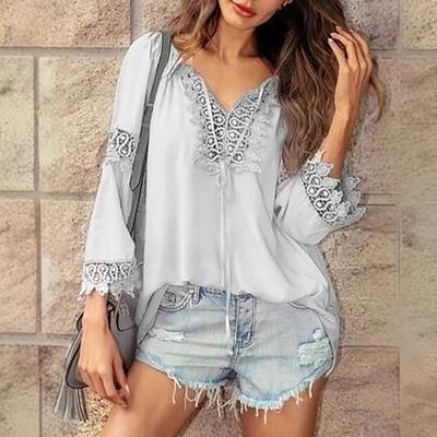 Womens Lace Trim V Neck Tie Front Flare Sleeve Loose Blouse Casual Boho Long Sleeve Top