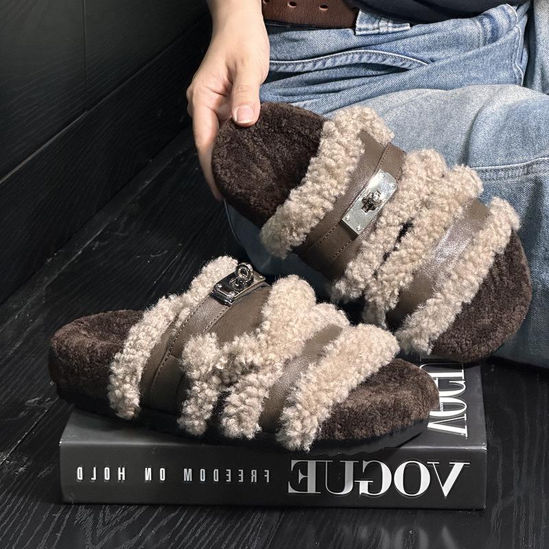 

European leather lamb wool slippers women wear 2025 new Internet celebrity platform lazy open-toed Birkenstock wool shoes trend 35 коричневый