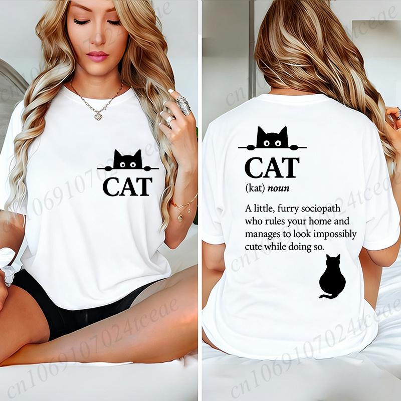 Women Funny Cat Definition Graphic T Shirt Double Sided Print Lady Tees Cute Black Cat Casual Tops Cat Lover Gift Streetwear