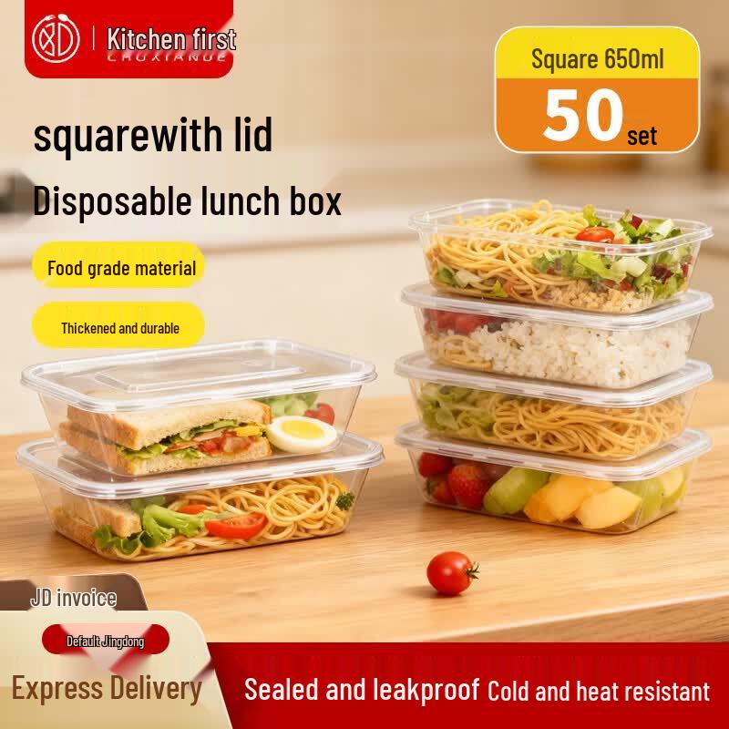 Chuxian De Disposable Rectangular Plastic Lunch Boxes with Lids, 50-Pack