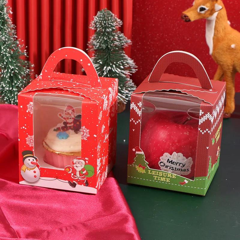 6Pcs Paper Gift Box With Window Christmas Treat Boxes Cupcake Muffin Cake Food Packaging Paper Box Xmas Birthday Party Decor