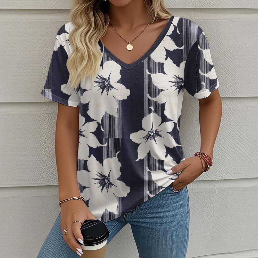 Women's T-Shirt Stripes And Floral Graphics Retro Fashion Classic Casual Short-Sleeved Oversized V-Neck Summer Women's Clothing