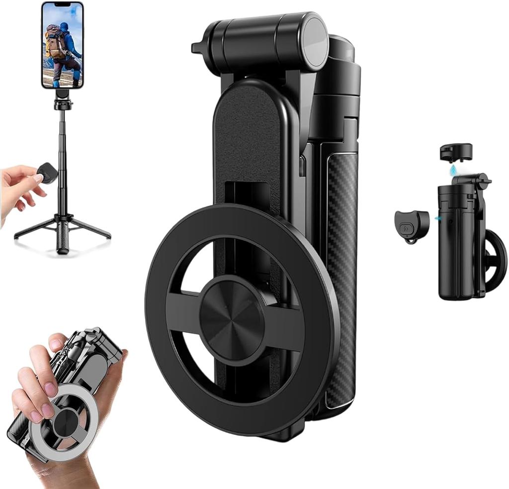 Magnetic Pocket Selfie Stick, 4-in-1 for iPhone with Rechargeable Remote, Portable Extendable Tripod for Travel & Vlogging