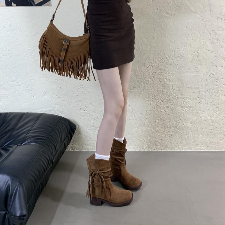 French retro temperament fringed boots pointed pleated piled boots women's versatile and thin thick heel short boots wasteland knight boots
