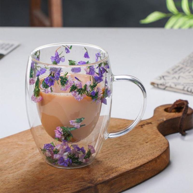 Double-layer Glass Mugs with Dry Flower and Handle for Coffee, Cocktails Elegant Glasses Cup for Entertaining Guest