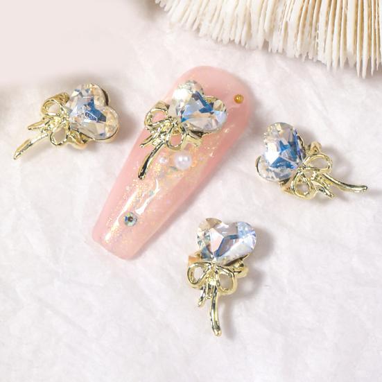 Yousheng 10Pcs/Set Nail Art Charm Golden Bowknot 3D Alloy Luxury Cute DIY Solid Colored Rhinestone Love Heart Nail Decoration Salon Home Use