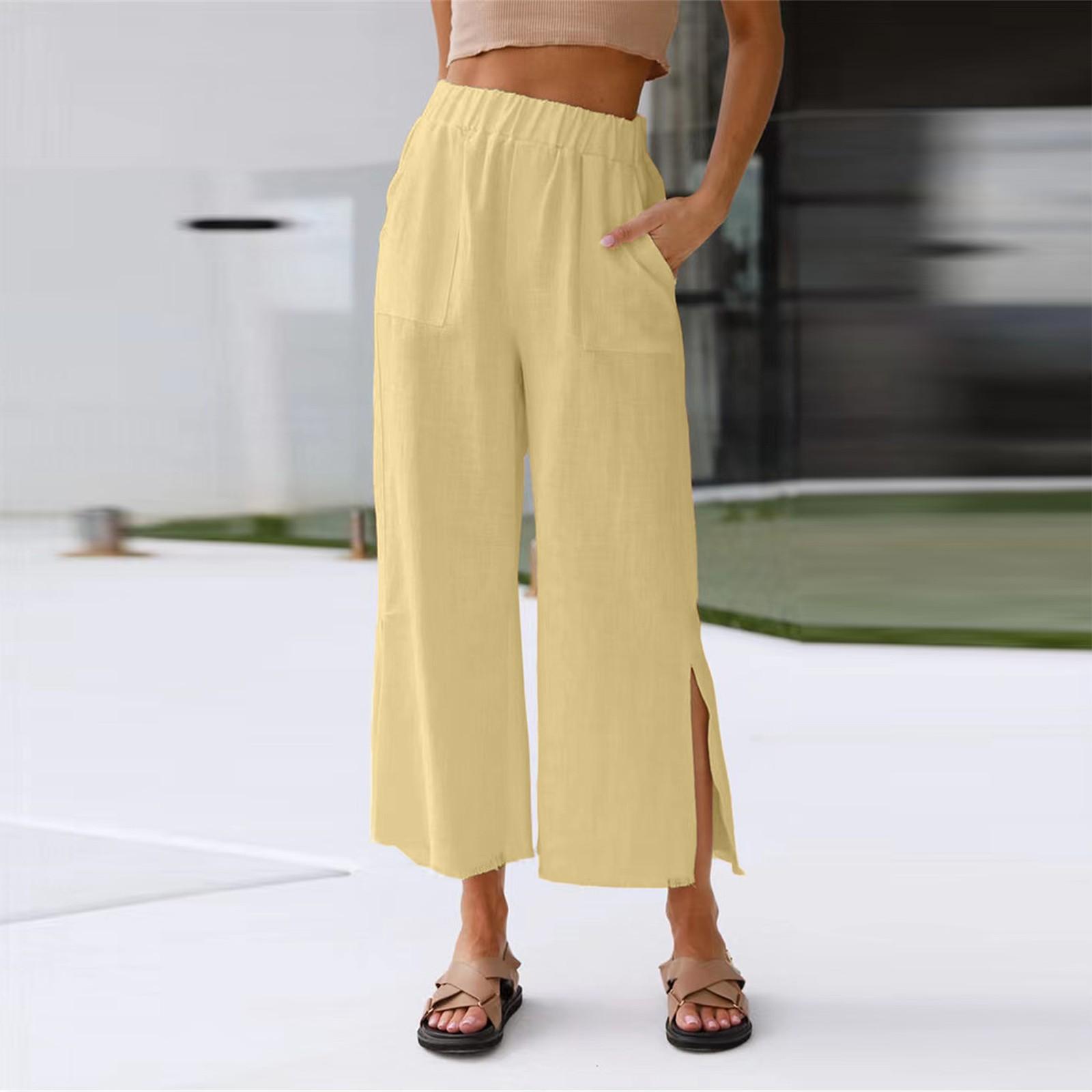 

Женские повседневные однотонные свободные широкие брюки с карманами на весну, лето и осень XL жёлтый