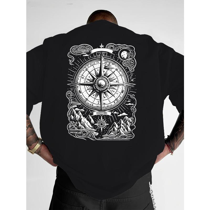 Men'S Casual T-Shirt - Compass And Mountain Pattern Print, Regular Fit Crew Neck Street Style Top, Summer ,Machine Washable,Comfortable,Trendy Fashion