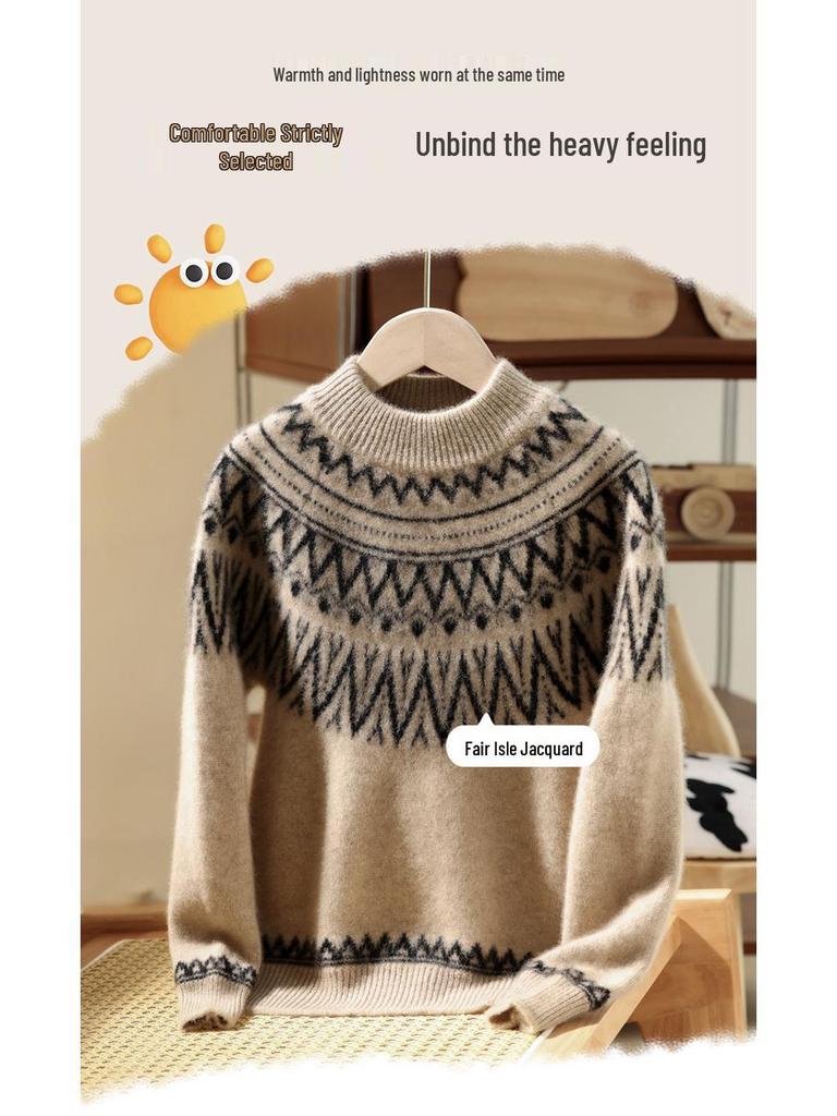 Autumn/Winter Unisex Pure Wool Fair Isle Knit Sweater Pullover for Children