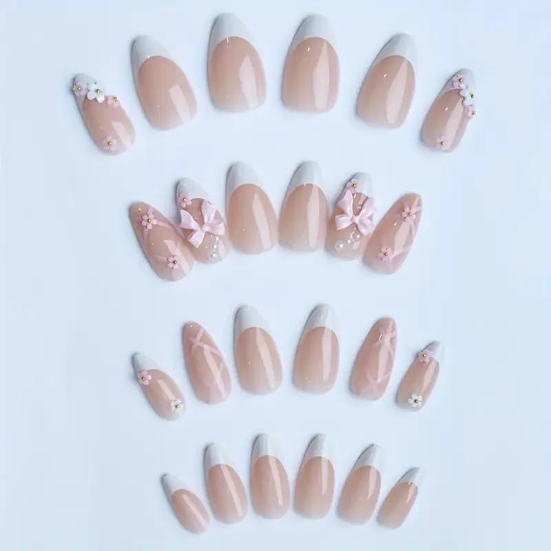 24pcs Pink Almond French Press On Nails 3D Bow Knot Flower Pearl Ballet Nail Art Tips