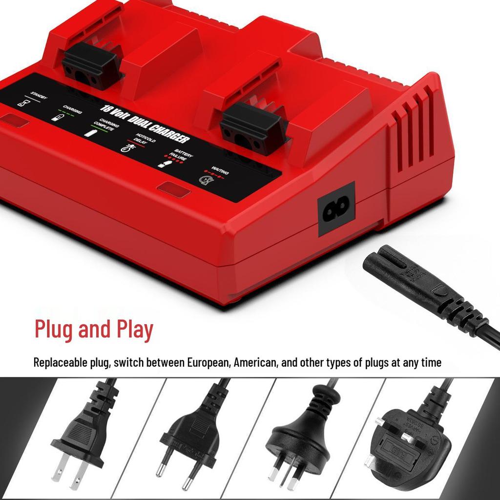 Milwaukee-Compatible Dual Slot Fast Charger for M18 Power Tools (3A)