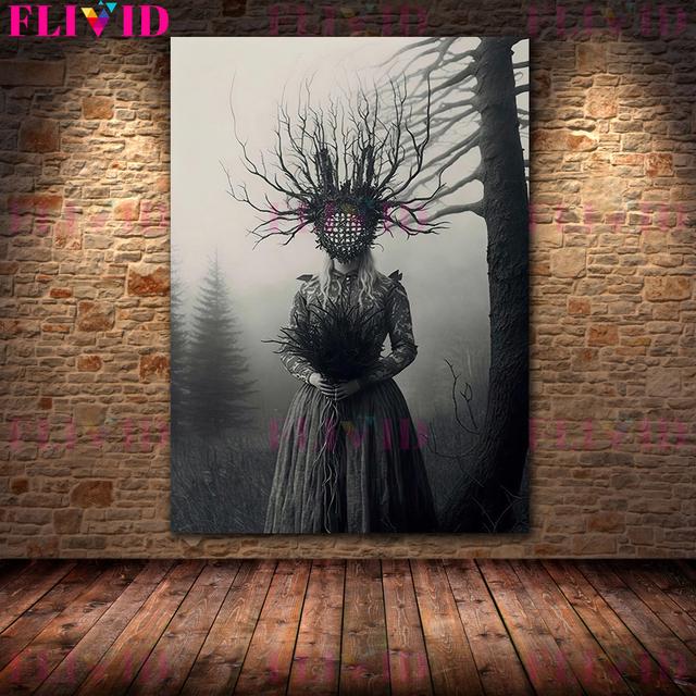 

Дом-призрак и готическая ведьма, античная настенная живопись маслом, ретро-украшение комнаты ведьмы, художественный постер 21cm×30cm NoFrame