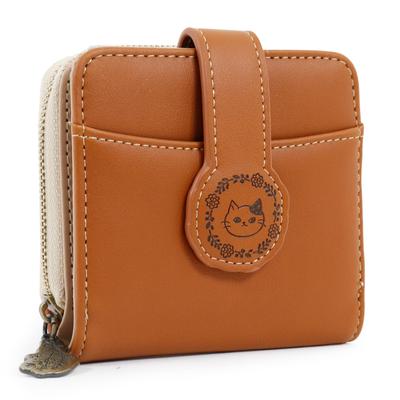 Chanfee Bifold Wallet with Front Cute Cat Wreath and Character Embossed Design Women's Zipper-Around Design, Pocket, Pattern, Belt, (Brown)