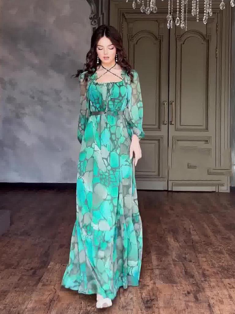 2024 Summer European & American Women's Color Block Print Elegant Long Dress - Slim Fit, Square Neck, Long Sleeves