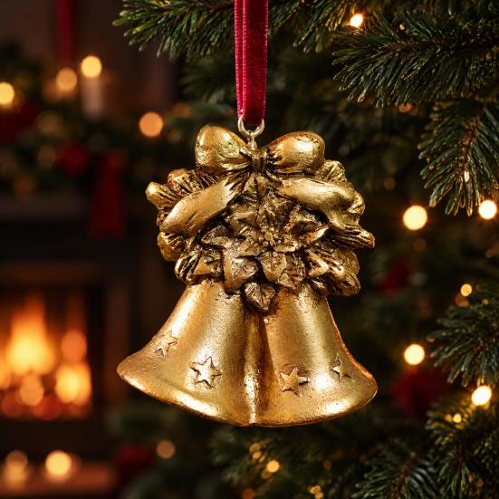 Resin Holiday Decoration Retro Golden Christmas Tree Ornament, Bell Wreath Horse Stocking Window Classic Ornaments Locomotive Pinecone Hanging Decor,