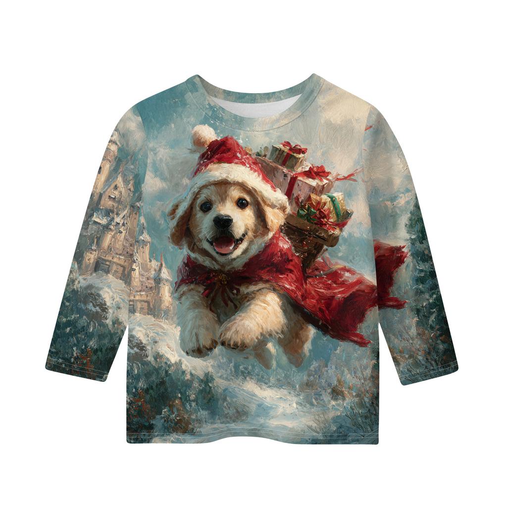 Christmas Day Print Tops For Youth Girls 5-16 Years Round Neck 3/4 Sleeves T-Shirts Trendy Tops Outfit Tees