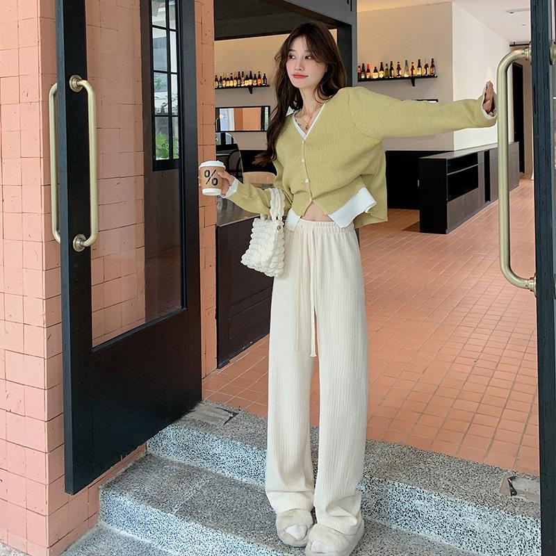 

Wide-leg pants women s autumn new thin drape pleated popular strip straight small mopping casual trousers S белый
