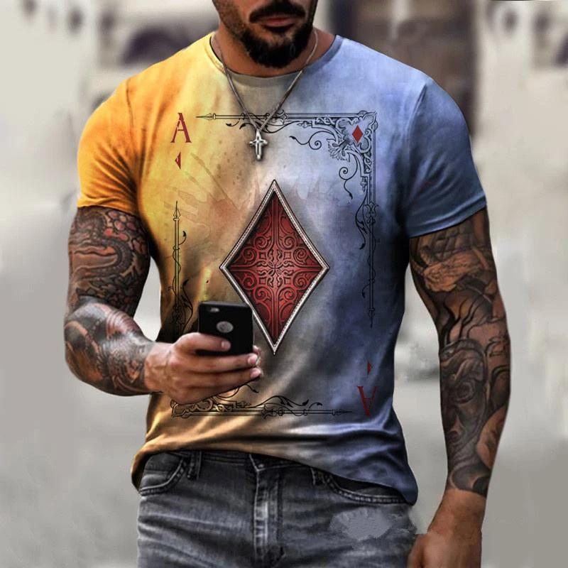 Men's Short-sleeved T-shirts Summer Casual Retro Hip-hop Style Round Neck Playing Card Pattern 3Dprinted  Oversized T-shirts