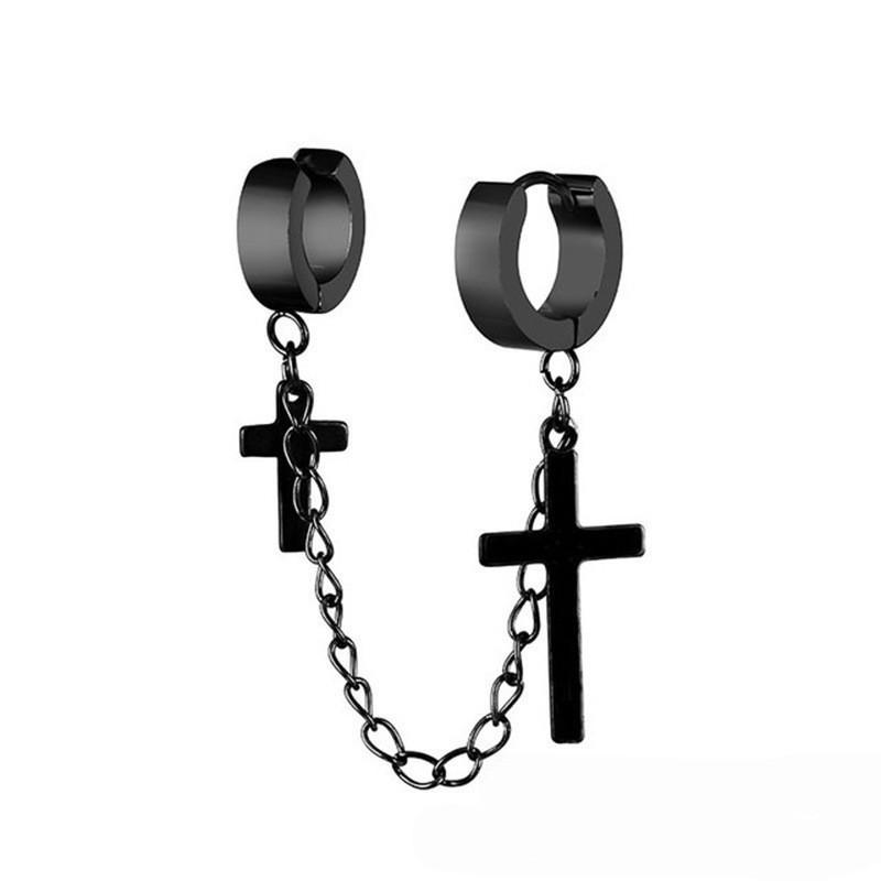 Earring with Chain Hook, Male Style, Titanium and Steel Cross-shaped, Trendy Stud Earrings, Retro Stainless Steel, Hip-hop Style Pendant Earrings