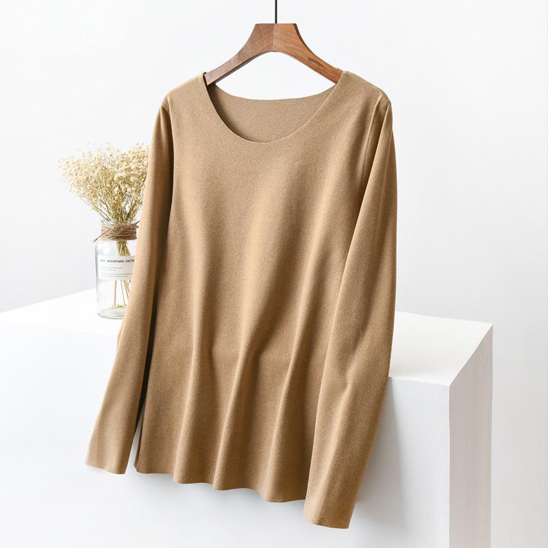 

Женская бесшовная теплая бархатная рубашка с длинными рукавами 2024 года - осенний топ с круглым вырезом L