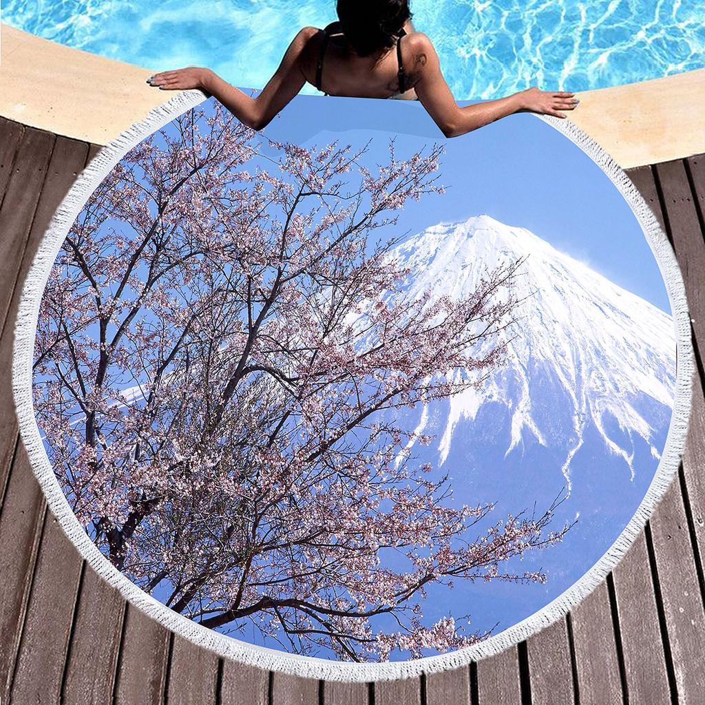 Japanese Mount Fuji Round Beach Towel,Snow Mountain Sand Free Lightweight Beach Blanket,Absorbent Quick Dry Pool Towel Yoga Mat