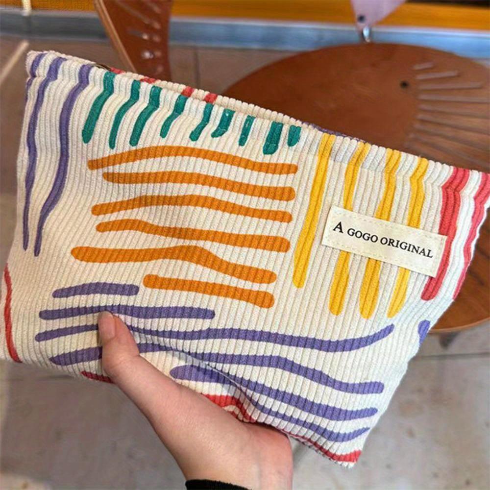 Colorful Stripes Corduroy Cosmetic Bag Portable Travel Toiletry Bag Skincare Sundries Aesthetic Makeup Storage Bag