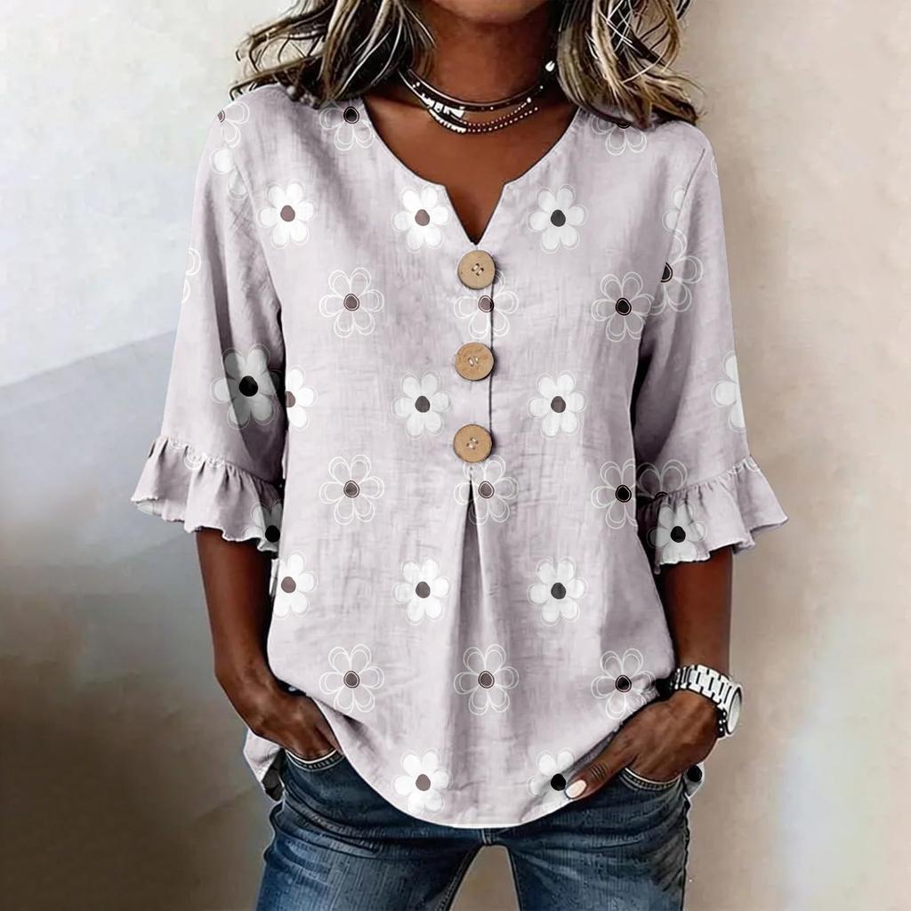Women V Neck Floral Print Button Front Loose Fit Blouse Ruffle Sleeve Casual Top for Everyday Wear