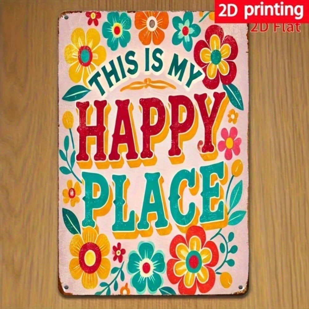 Happy Place Welcome Sign Colorful Floral Metal Wall Art 8x12 Inch Durable Home Garden Decor