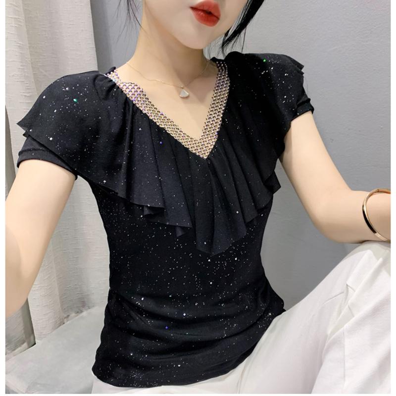 

Summer Short Sleeved V Neck Women s T Shirt Elegant Slim Hot Drilling Ruffles Mesh Tees XS чорний