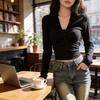 Long Sleeve T Shirt For Women Short Crop Top With V Neck For Autumn Casual Wear