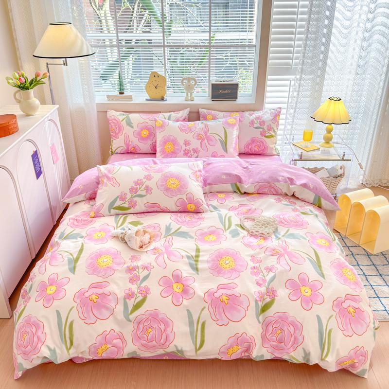 Garden Pink Flowers Pattern Duvet Cover Set 3Pcs Cute Rabbit Printed 100% Cotton Soft Comfortable Comforter Cover Bedding Set