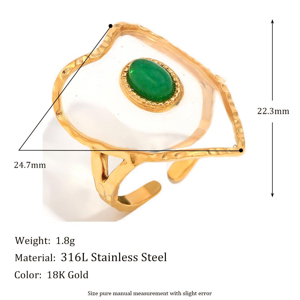 MamacitaSlay Unique 18K Gold Plated Stainless Steel Natural Stone Opening Ring Waterproof Jewelry Women's Retro Elegant Jewelry