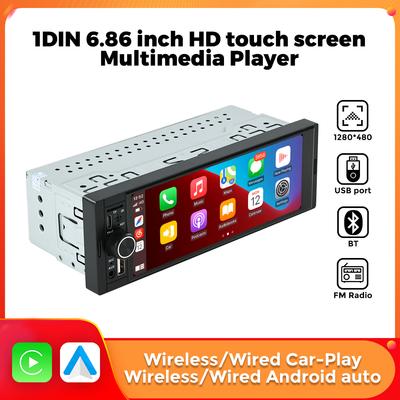 6.86'' Car Radio Wireless CarPlay 1 Din Android Auto MP5 FM Stereo USB Audio 1280*480 HD Screen Head Unit USB Type C Navigation