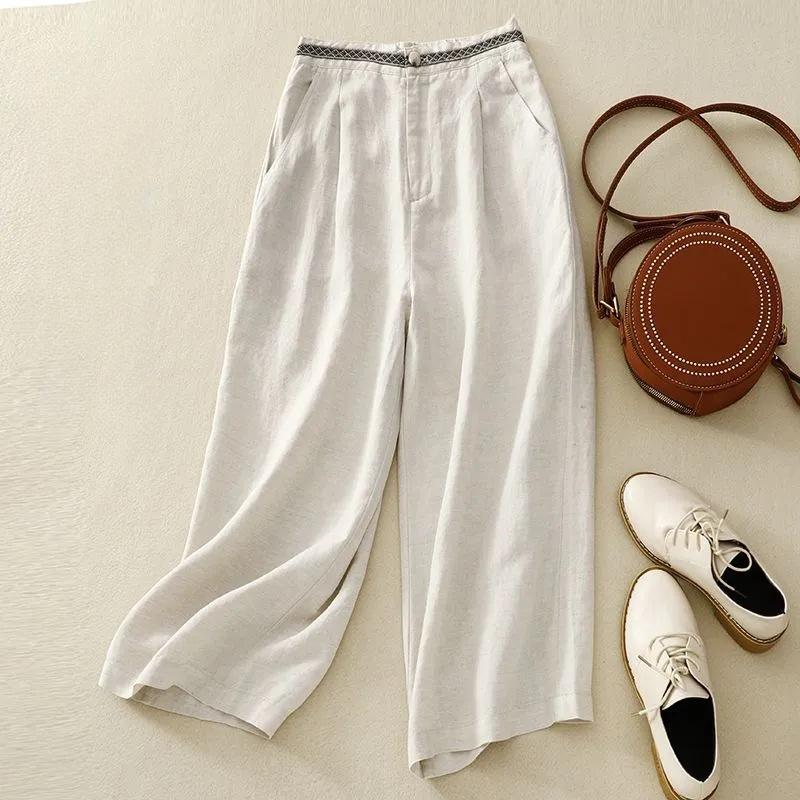 Spring Summer Retro Embroidered Cotton Linen Wide Leg Pants Women Loose Large Size Trousers