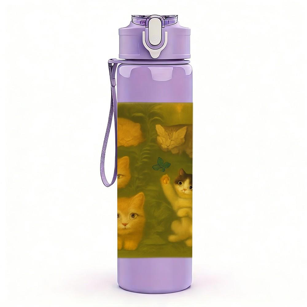1PC Three Kittens Square Frame Art 750ml Color Plastic Sports Water Bottle Leakproof Flip Straw Lid Suitable for Sports Office Home Use