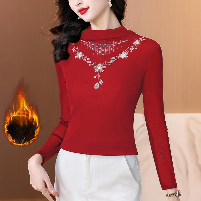 Síťované spodní triko s dlouhým rukávem pro dámské zimní oblečení Nový styl Plyšový zesílený design Vnitřní Slim a módní top