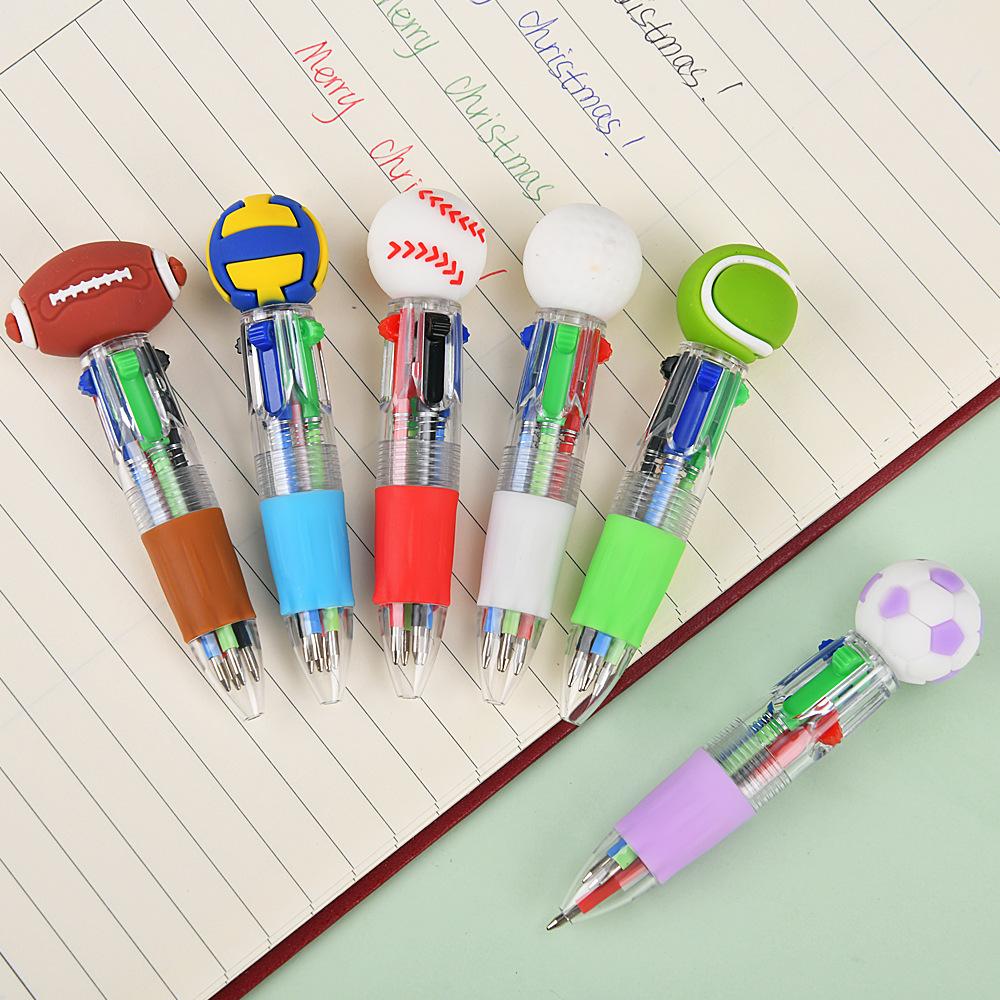 2pcs Cute Football Basketball Rugby Shaped Four-Color Ballpoint Pen, Cartoon Multicolor Mini Journal Short Pen