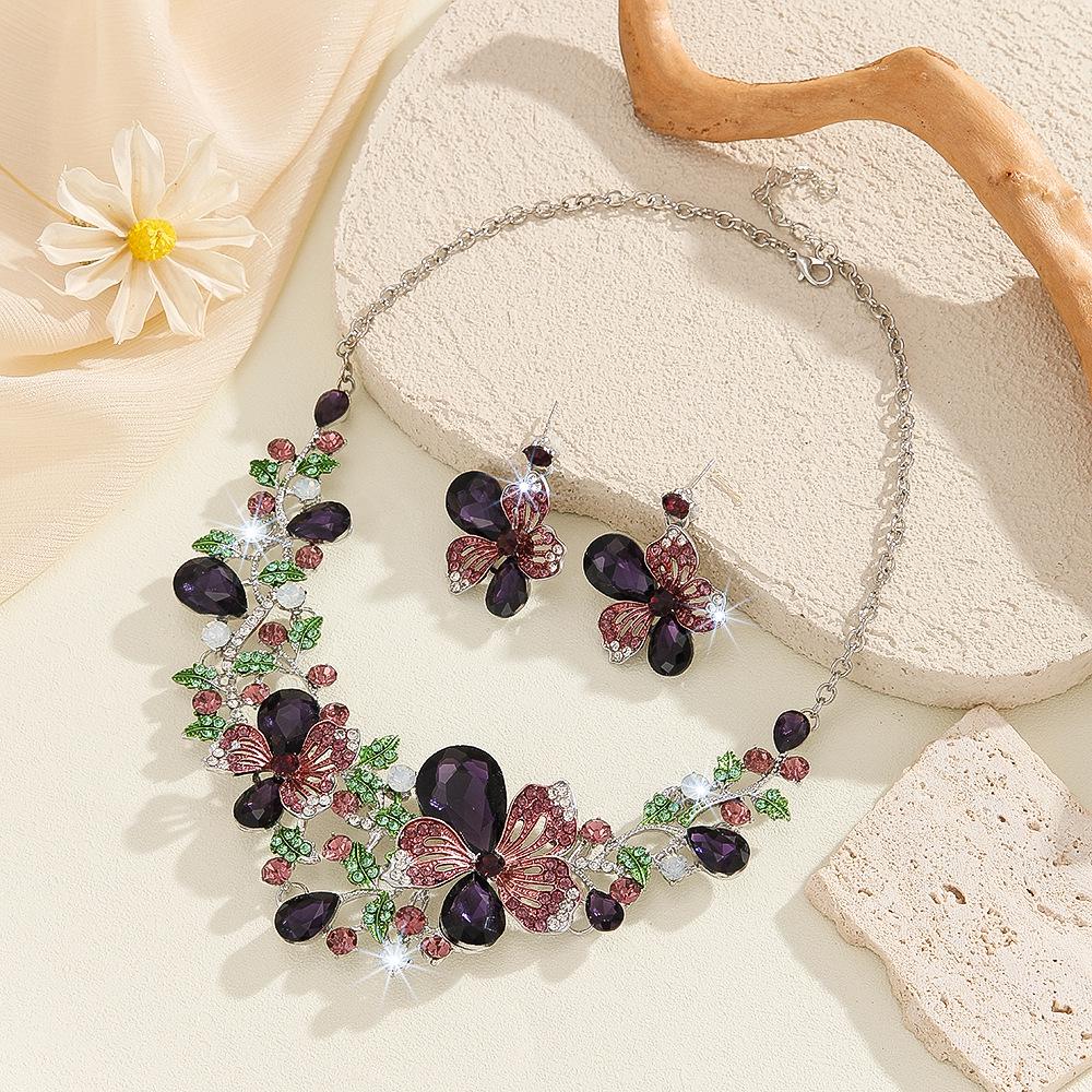 European & American Crystal Gemstone Floral Necklace & Earring Set - Colorful Evening & Bridal Accessories