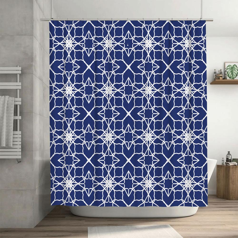 Blue White Geometric Pattern Bath Shower Curtain With Grommet Top For Home Decor In Bathroom Size: 72 X 84 Inches (183X213Cm)