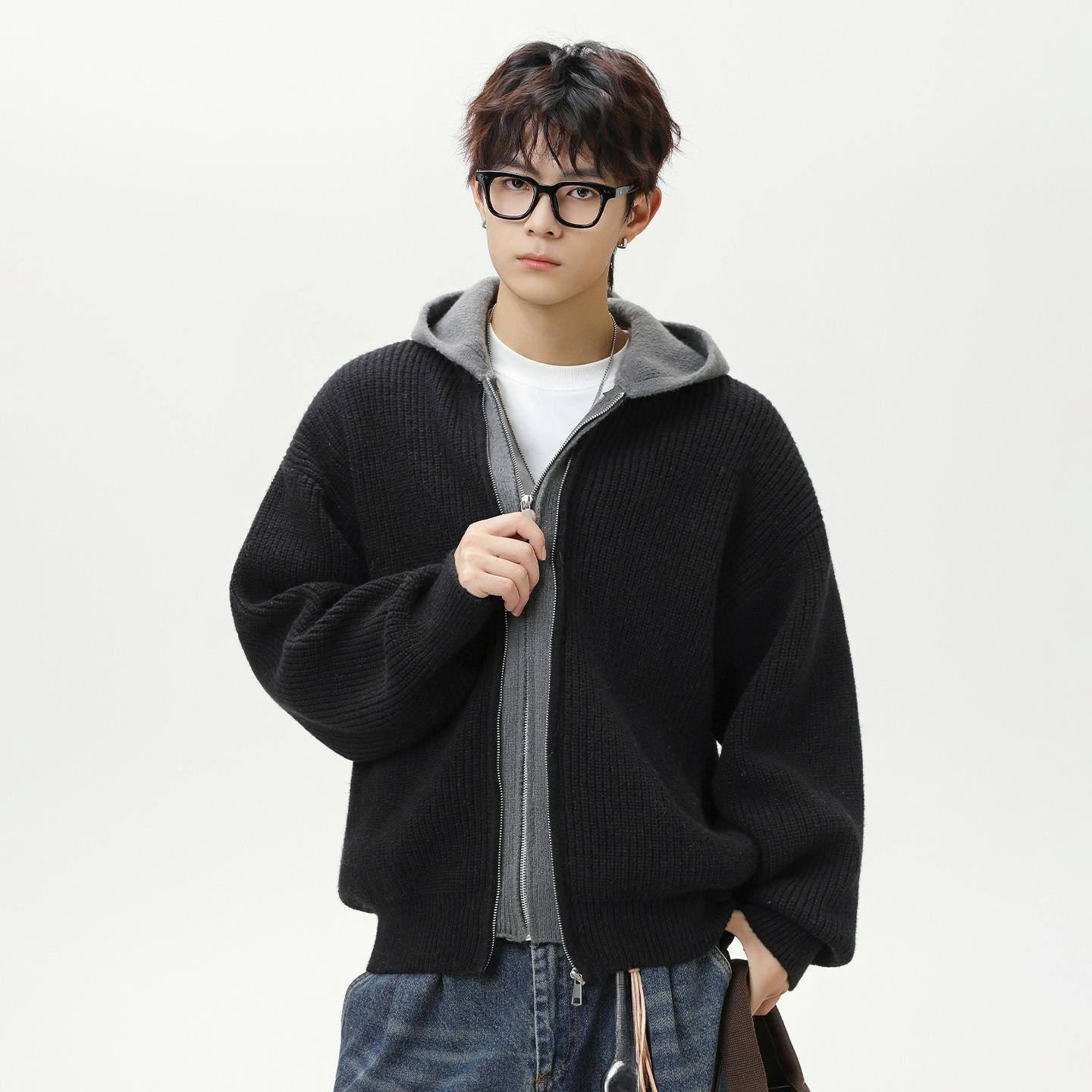 

Texture Imitation Deer Plush Fake Two-piece Cardigan Hooded Sweater Men s Autumn and Winter Retro Trendy Brand Couple Sweater Jacket XXL