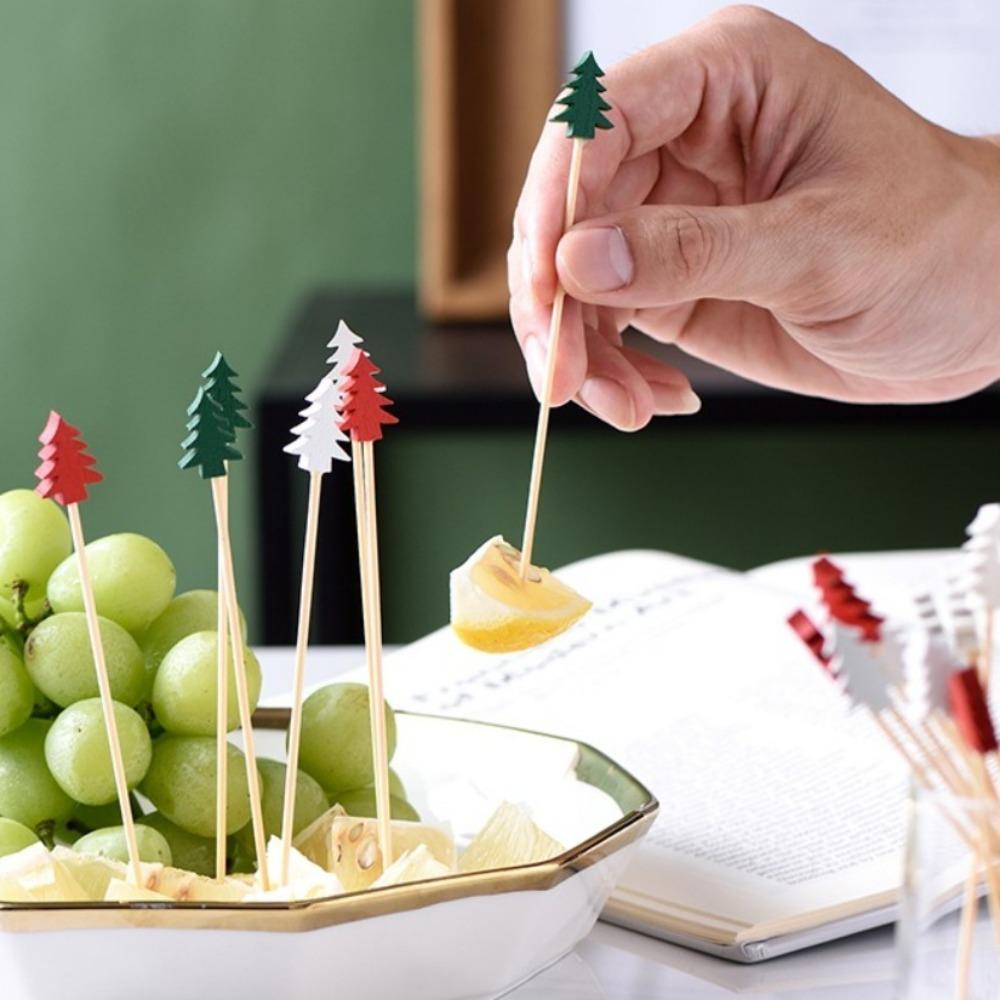 50/100Pcs Christmas Bamboo Skewer Cocktail Picks Cupcake Topper Disposable Food Dessert Toothpicks Fruit Sticks Party Supplies