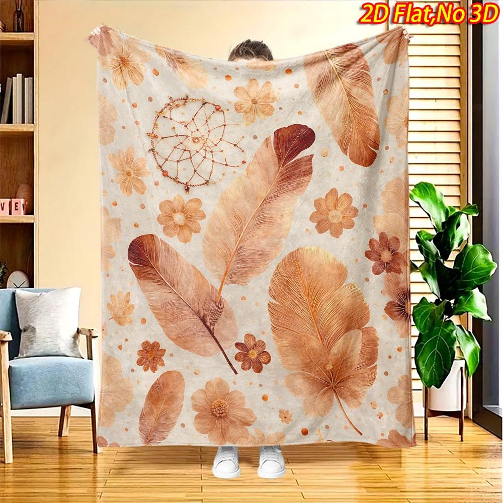 1pc 2D Flat Printing Spring & Summer New Arrival Comfortable Feather and Flower Decorative Pattern Digital Print Blanket, Suitable for All Seasons, So