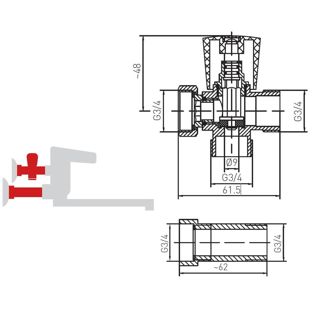 Angle tap with extension for 3/4" wall-mounted taps