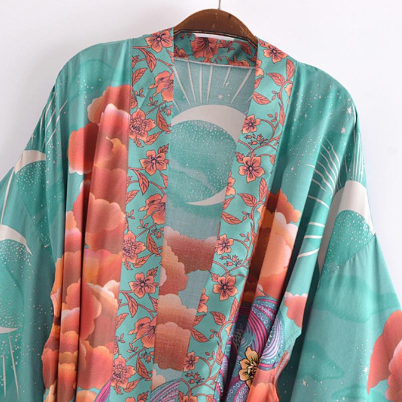 Dámská dovolená plážový styl ležérní domácí topy na spaní letní móda retro potisk vysoce kvalitní lehká luxusní volná kimonová bunda