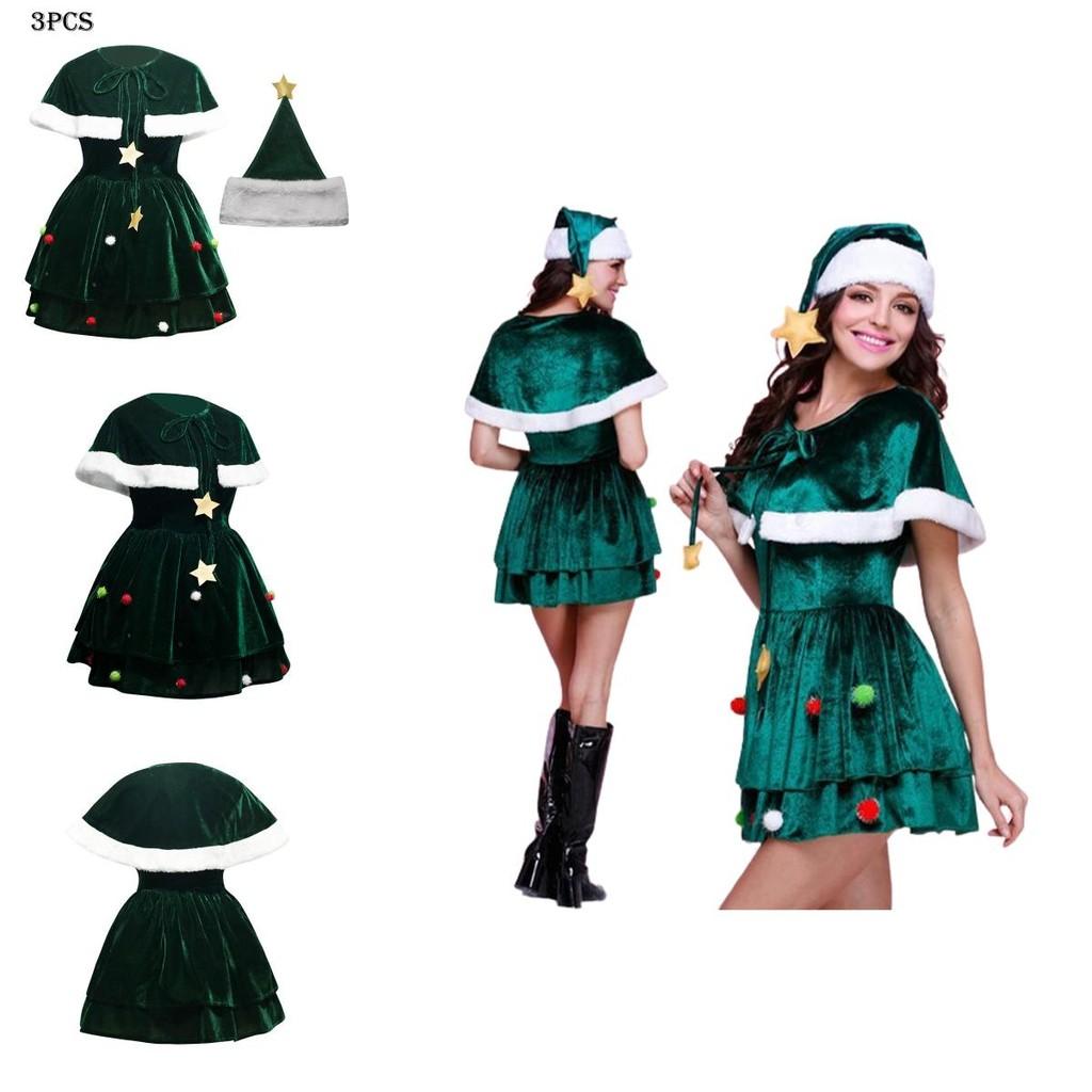 Gorgeous Women Christmas Tree Cosplay Costume Plus Size Xmas Dress Cloak Hat Party