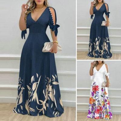 Women Maxi Dress V Neck Hollow Out Flower Print High Waist Floor Length A Line Spring Fall Dress with Bead Decor Patchwork Bow Half Sleeve