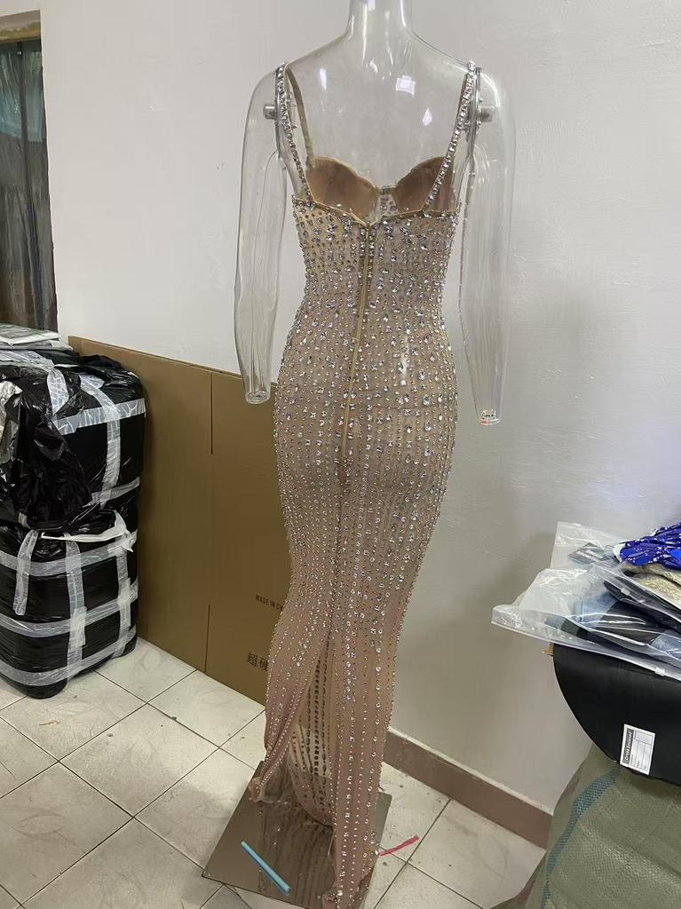 European & American Sheer Hot Drilling Camisole Evening Gown - Sexy Slimming Long Dress.