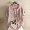 Women's Fashion Round Neck Short Sleeve T-shirt Casual Cotton Linen Graphic Shirt Leisure Loose Tree Prined Summer Blouse Tops
